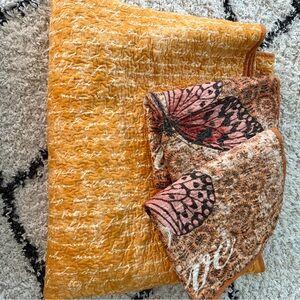 Queen Full Yellow and Orange Textured Quilt Butterfly Design Comforter 2 Shams